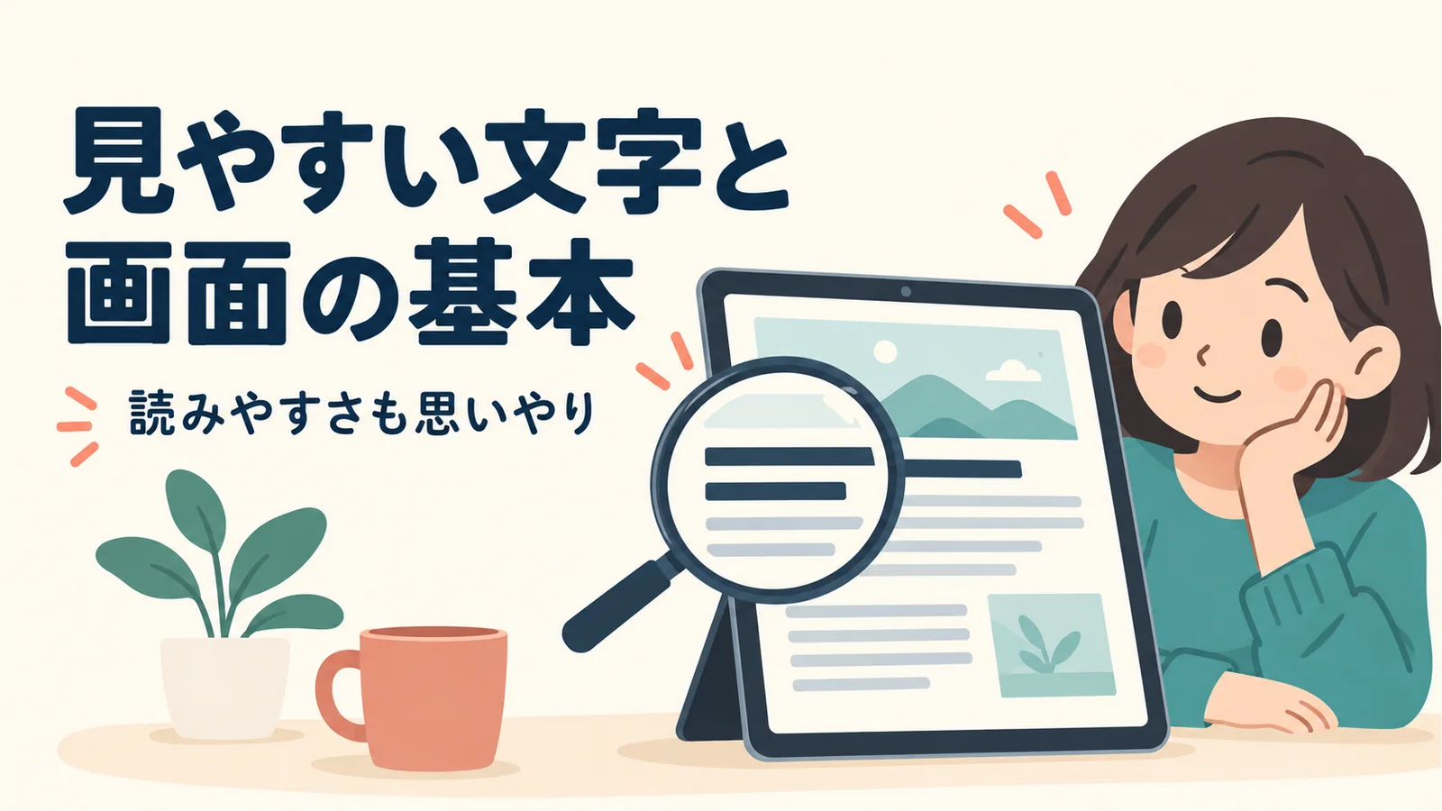 文字の大きさや行間を虫眼鏡で確認するタブレット画面