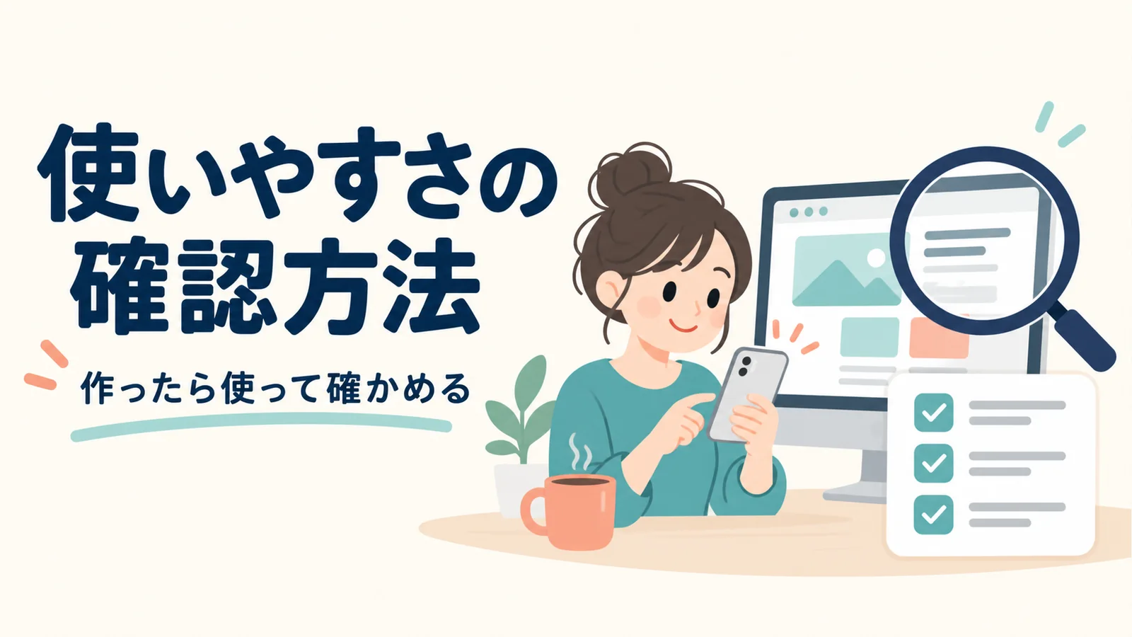 スマートフォンの操作を確認する人とチェックリスト